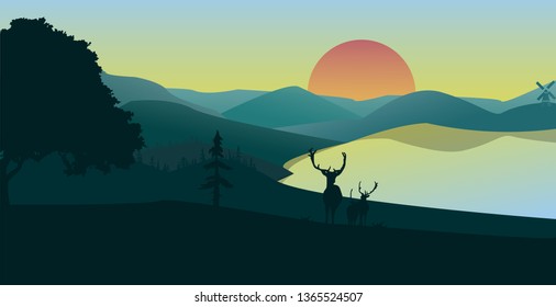 forest landscape with two deer and beautiful sky , flat landscape , vector illustration