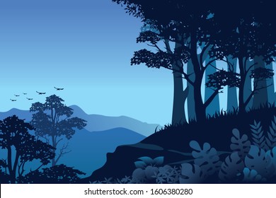 Forest Landscape Vector background. Nature Blue horizon background, with silhouettes of Trees, bushes, thickets, hill and  mountain