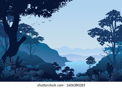 Forest Landscape Vector background. Nature Blue horizon background, with silhouettes of Trees, bushes, thickets, hill and  mountain