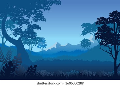 Forest Landscape Vector background. Nature Blue horizon background, with silhouettes of Trees, bushes, thickets, hill and  mountain