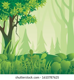 Forest Landscape Vector background. Nature green horizon background, with silhouettes of Trees, bushes, and thickets