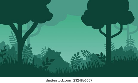 Forest landscape vector illustration. Deep forest silhouette with tree, bush, leaf and plant. Deep jungle landscape for background, wallpaper, display or landing page. Design vector graphic