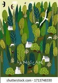 
Forest landscape. Vector illustration with houses, trees, animals for cards, books, prints.