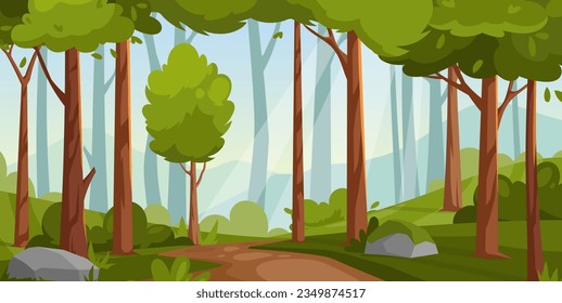 Forest landscape. Vector illustration of forest nature panorama with oak trees, meadow, bushes, dense wood, stone, road and mountains landscape. Cartoon spring green forest with place for camping.