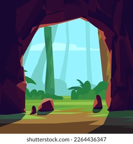 Forest landscape, view from rocky cave - flat vector illustration. Stone cave entrance to the woods, trees and bushes. Concepts of adventure, extreme hiking and traveling.