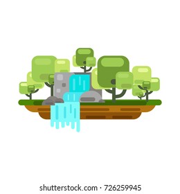 Forest landscape view with waterfall, Island float in the air, Vector Illustration.
