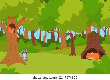 Forest landscape with wild animals sitting inside of tree hollow or nest, flat vector illustration. Green summer woods with squirrel, fox, racoon and marten. Cartoon characters of cute animals.