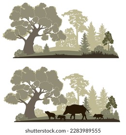 Forest landscape with wild pig and  cubs silhouettes , green colors, vector illustration.