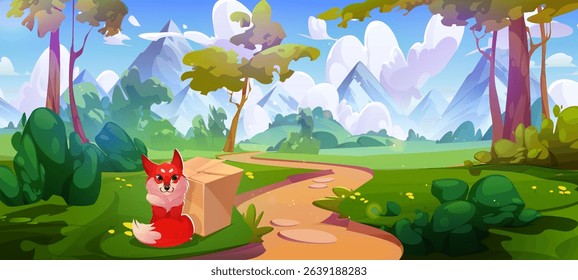 Forest landscape with winding path through trees, red fox sitting beside cardboard box on grass meadow - mountain peaks and bushes on nature scenery background. Game or children book environment.