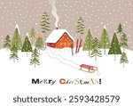 Forest landscape with winter house and festive Christmas trees.