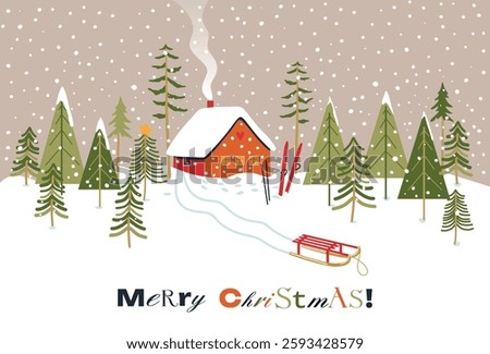 Forest landscape with winter house and festive Christmas trees.