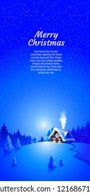 Forest landscape with winter house. Vector Illustration