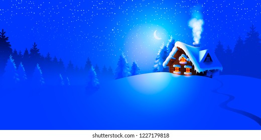 Forest landscape with winter house. Vector Illustration