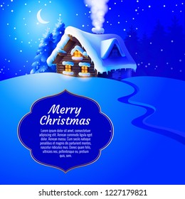 Forest landscape with winter house. Vector Illustration