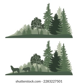 Forest landscape with wolf silhouettes , green colors, vector illustration.