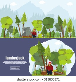 Forest landscape with woodcutter near the felled tree. banner lumberjack in a flat style. woodcutter in the forest with a felled tree illustration in a flat style.