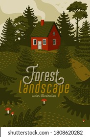 Forest landscape. Woods landscape with Red cabin. Vector illustration in flat cartoon style