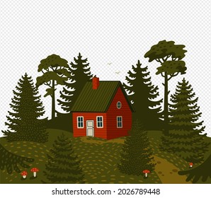 Forest landscape. Woods landscape with Red cabin