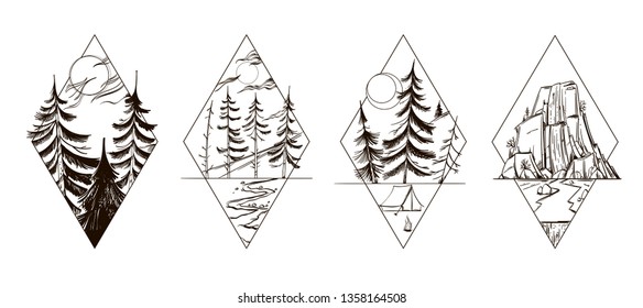 Forest landscapes with fir trees on the background of the night sky. Camping, moonlight, bonfire, river and mountain waterfall in linear style.