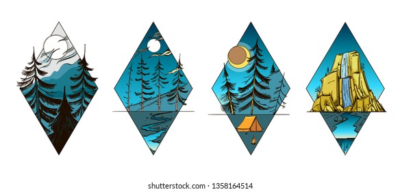 Forest landscapes with fir trees on the background of the night sky. Camping, moonlight, bonfire, river and mountain waterfall in blue tones.