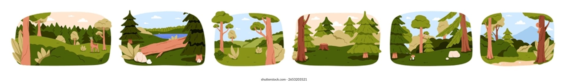 Paisagens florestais definidas. Florestas silvestres, cenas naturais de verão com pinheiros verdes e folhagens. Selvagem, glades de floresta com água, animal. Ilustração de vetor plano isolada no plano de fundo branco