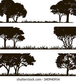 forest landscapes, silhouette of trees and grass, natural template, hand drawn vector illustration