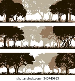 forest landscapes, silhouette of trees and grass, natural template, hand drawn vector illustration