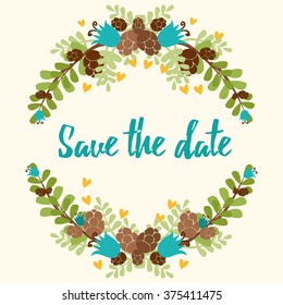 forest laurels and wreaths.  Floral wreath with copy space for text. invitation card design element. Swirls, frames, arrows, leaves,  dividers, branches, banners. 