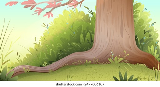 Forest lawn with a big oak tree. Scenic meadow summer nature in sunlight. Background forest illustration with trees, bushes, flowers, and grass. Vector hand drawn illustration for children.