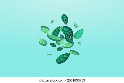 Forest Leaf Fly Vector Blue Background Wallpaper. Blur Foliage Design. Swamp Leaves Transparent Pattern. Greens Organic Plant.