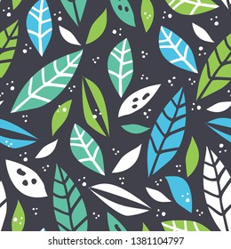 Forest leaf hand drawn colorful seamless pattern. Multicolor leaves sketch drawing. Scandinavian style backdrop with foliage, leafage. Botanical wrapping paper, textile, background cartoon design