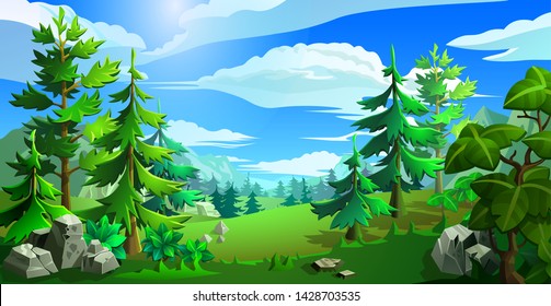 Forest with leave trees and spruces. Panorama of cartoon, coniferous forest with mountains. Vector illustration.