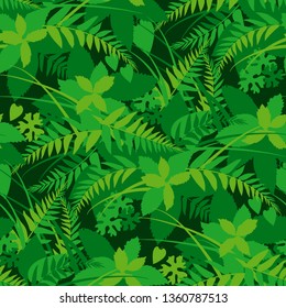 Forest leaves, greenery vector seamless pattern. Texture with herbarium silhouette. Green foliage, blossom background. Botanical wrapping paper, wallpaper, textile design. Ash and nettle illustration