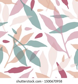 Forest leaves hand drawn vector seamless pattern. Multicolor branches silhouettes decorative texture. Abstract green, pink and brown foliage illustration. Botanical textile, floral wallpaper design.