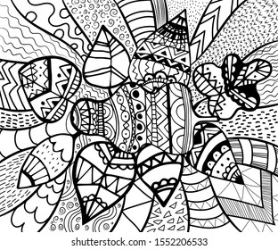 Forest leaves pattern, maple, oak, linden. Vector. Hand drawn artwork. Set collection. Bohemia concept for invitation card, ticket, branding. Coloring book page for adult.