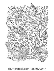 Forest leaves pattern, maple, oak, linden. Vector. Hand drawn artwork. Set collection. Bohemia concept for invitation card, ticket, branding, logo, label. Coloring book page for adult. Black, white