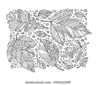 Forest leaves pattern, maple, oak, linden. Vector. Hand drawn artwork. Set collection. Bohemia concept for invitation card, ticket, branding. Coloring book page for adult. Black and white