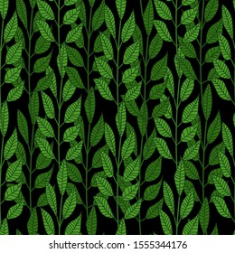 Forest leaves seamless pattern on black background. Printing, textile, fabric, fashion, interior, wrapping paper concept. Vector illustration