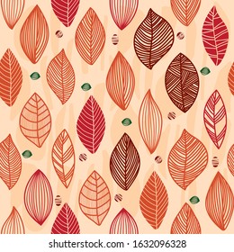 Forest leaves seamless pattern in pastel colors in warm colors. Wallpaper with natural floral ornaments. Hand-drawn drawing. Graphic modern design. Monotone background with decorative elements.