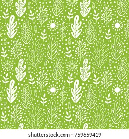 Forest leaves seamless vector pattern. Botanic texture with hand drawn elements in doodle style. Spring or summer nature monochrome background in colors of green and white