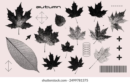 Forest leaves set with retro photocopy stipple effect for grunge punk y2k collage design. Autumn nature season. Vintage halftone element brutalist design. Vector realistic illustration.