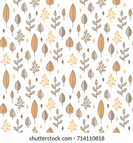 Forest leaves sweet seamless vector pattern. Botanic background in colors of beige, white and orange. Light doodle texture for print design