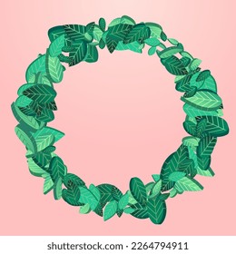 Forest Leaves Swirl Vector Pink Background Brochure. Falling Foliage Backdrop. Mint Greens Flying Poster. Leaf Organic Illustration.