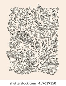 Forest leaves. Thanksgiving background. Vector artwork. Hand drawn. Set collection. Bohemia concept for holiday invitation card, ticket, congratulation, branding, logo, label. Black and beige colors