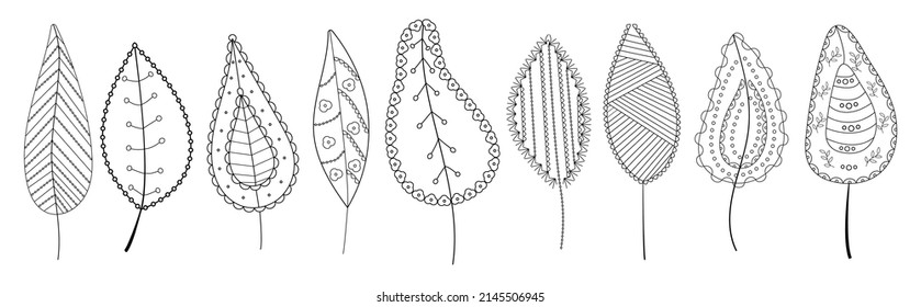 Forest leaves vector set in line art style. Ethnic tribal leaf in hand drawn style with boho ornament for wrapping paper, wallpaper, textile, logo, fabric, coloring page.