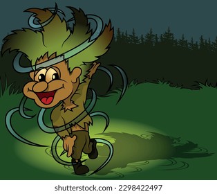 Forest Leprechaun with Messy Hair in a Spiral Dance - Colored Cartoon Illustration with Background, Vector