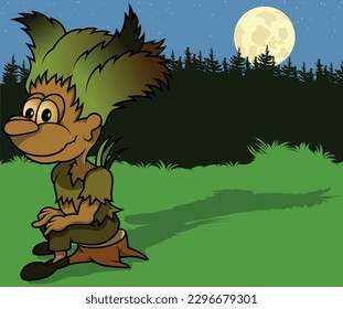 Leprechaun Forestal sentado sobre un tronco de árbol - Ilustración de dibujos de color con fondo, vector