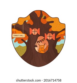 Forest life badge design with Squirrel chilling on its hollow. Retro logo with textures in flat style. Vintage t shirt print template. Stock vector illustration