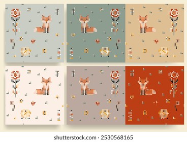 Forest  Life Pixel Mosaic Seamless Vector  Background with Fox