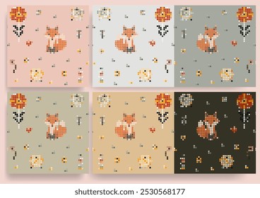 Forest  Life Pixel Mosaic Seamless Vector  Background with Fox